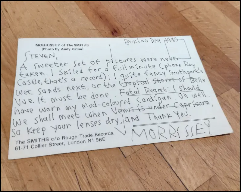 Handwritten postcard signed Morrissey, dated Boxing Day 1985