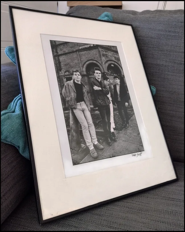 Framed signed photograph of The Smiths outside Salford Lads Club — Stephen Wright
